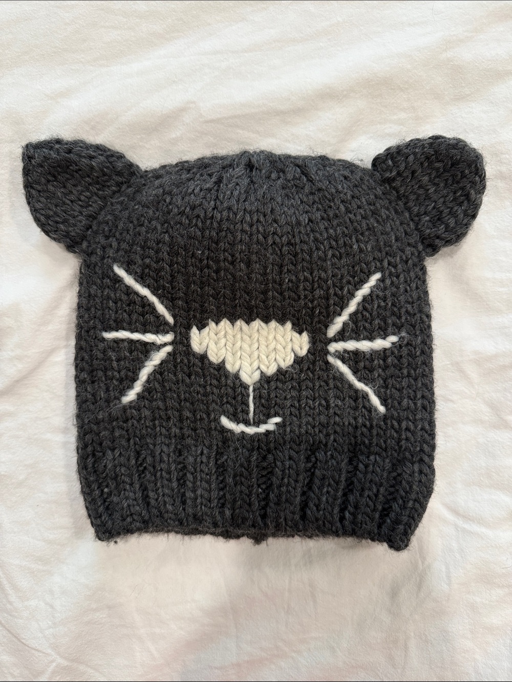 Aerie Charcoal Grey Knit Cat Beanie Hat with White Face Accents - OS